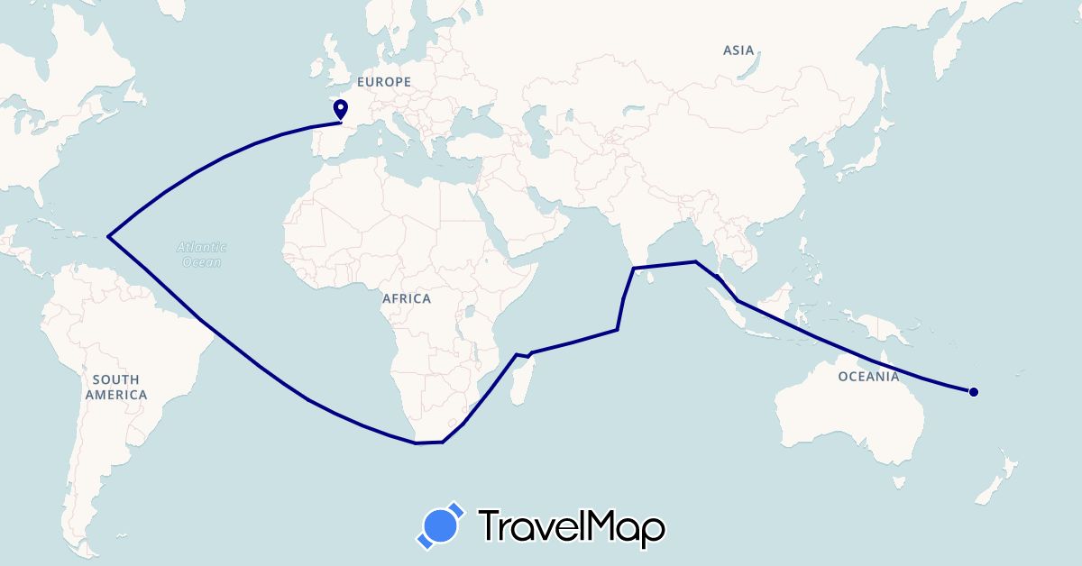 TravelMap itinerary: driving in Brazil, France, India, British Indian Ocean Territory, Madagascar, Maldives, Malaysia, New Caledonia, Singapore, Saint Helena, Thailand, Mayotte, South Africa (Africa, Asia, Europe, Oceania, South America)